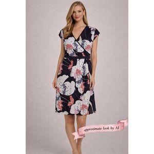 New York & Company Navy Floral Faux Wrap Stretch Sheath Dress Large